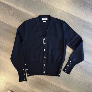 NWT Thom Browne navy tweed trimmed wool cardigan (Sz 4)